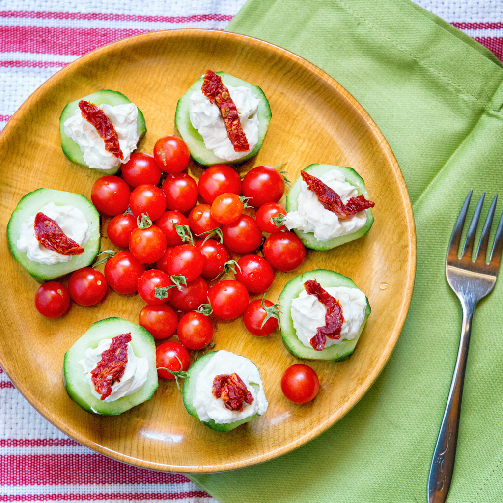 Blue Cheese Stuffed Cucumbers with Smoked Sun Dried Tomatoes